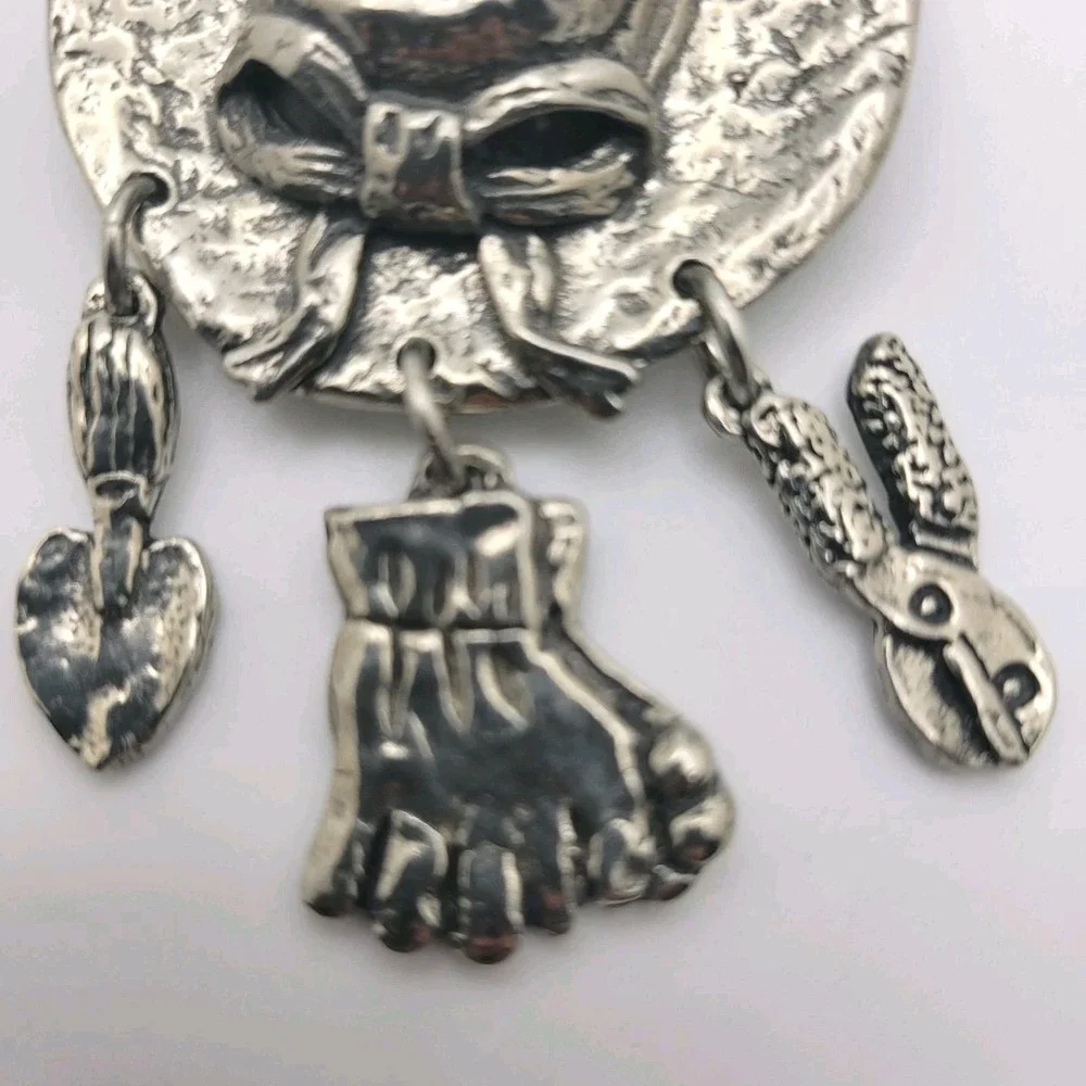 Vintage Sheridan Pewter‎ Hat Brooch Pin Signed Gardening Charms Cottagecore